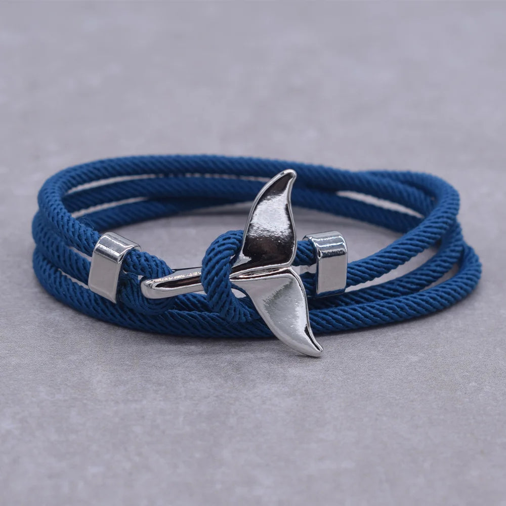 Anchor Style Jewelry Ocean Silver color Whale Tail Charm Bracelet 2-3 laps Adjustable Rope Bracelets for Men Women Gifts