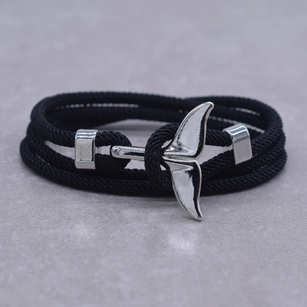 Anchor Style Jewelry Ocean Silver color Whale Tail Charm Bracelet 2-3 laps Adjustable Rope Bracelets for Men Women Gifts