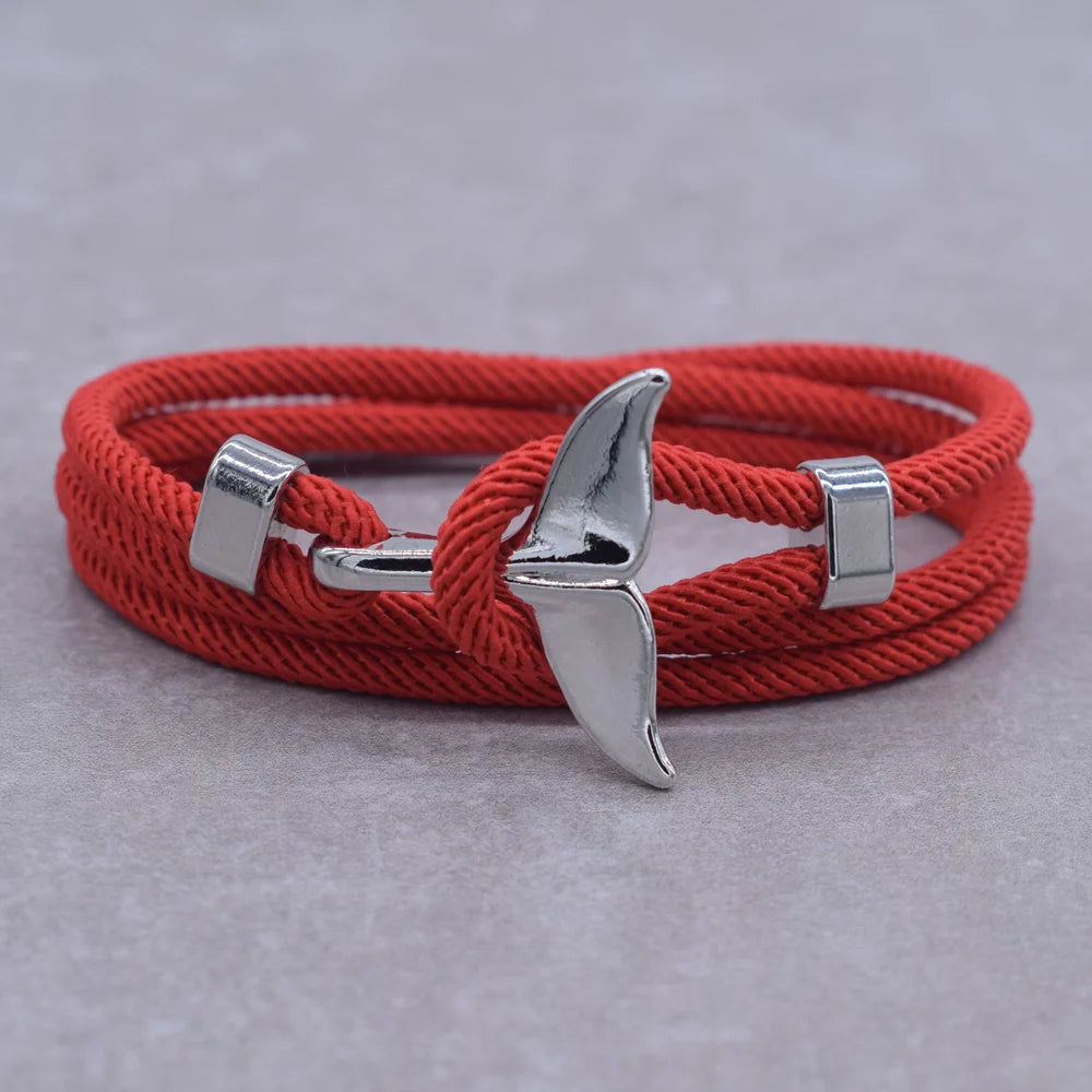 Anchor Style Jewelry Ocean Silver color Whale Tail Charm Bracelet 2-3 laps Adjustable Rope Bracelets for Men Women Gifts