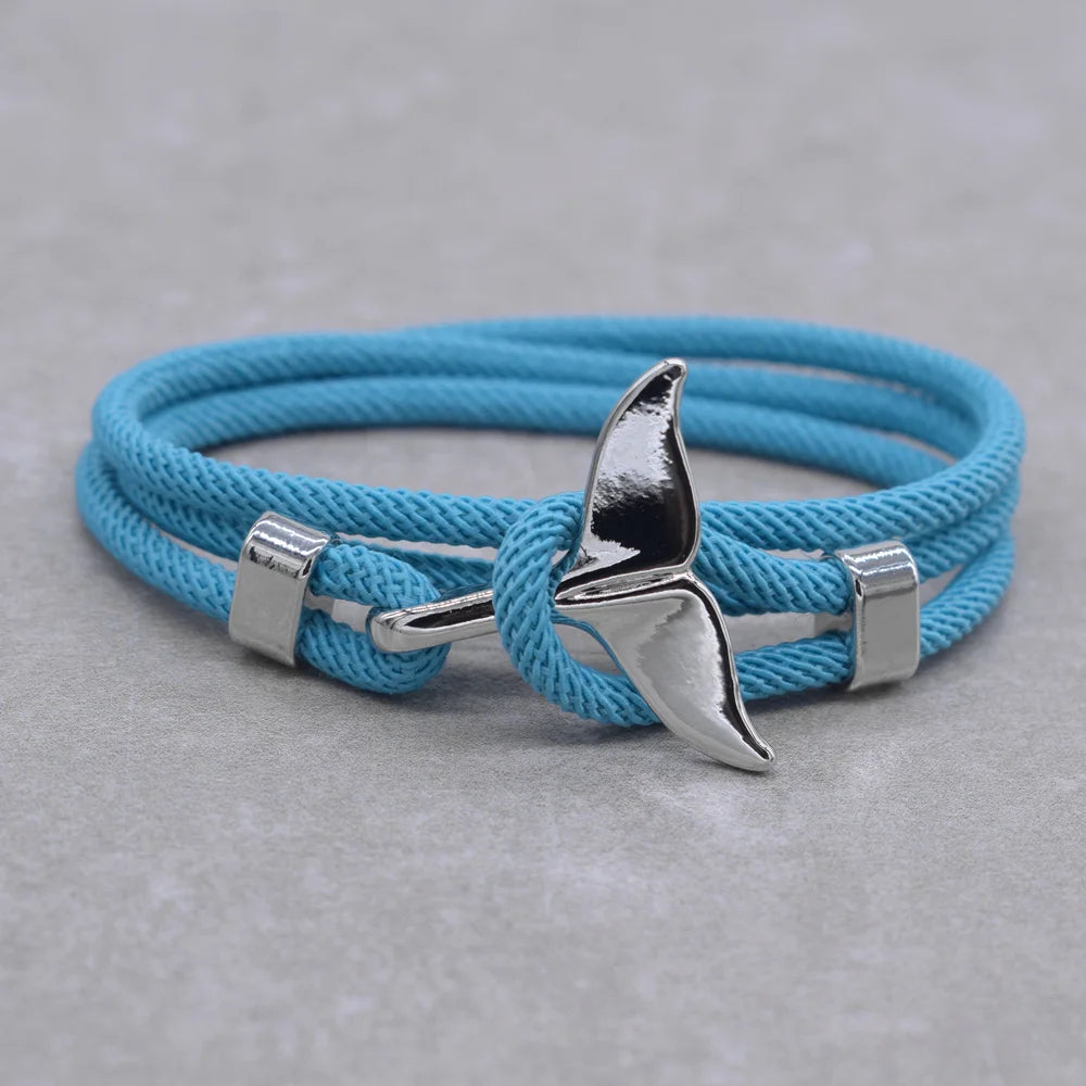 Anchor Style Jewelry Ocean Silver color Whale Tail Charm Bracelet 2-3 laps Adjustable Rope Bracelets for Men Women Gifts