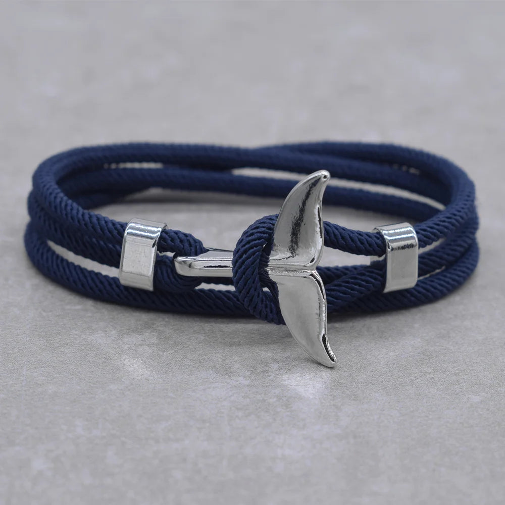 Anchor Style Jewelry Ocean Silver color Whale Tail Charm Bracelet 2-3 laps Adjustable Rope Bracelets for Men Women Gifts