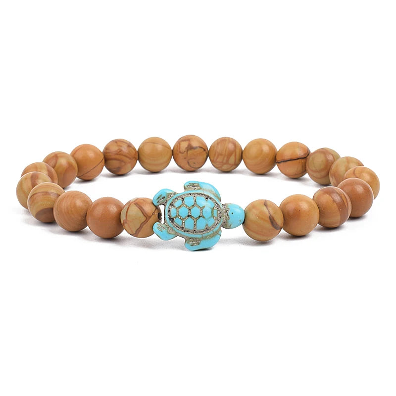 8mm Sea Turtles Beads Bracelet Turquoise Natutal Stone Elastic Stretch Bracelet Women Men Friendship Summer Beach Jewelry Gifts