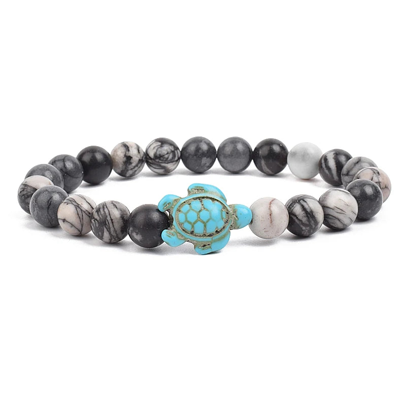 8mm Sea Turtles Beads Bracelet Turquoise Natutal Stone Elastic Stretch Bracelet Women Men Friendship Summer Beach Jewelry Gifts