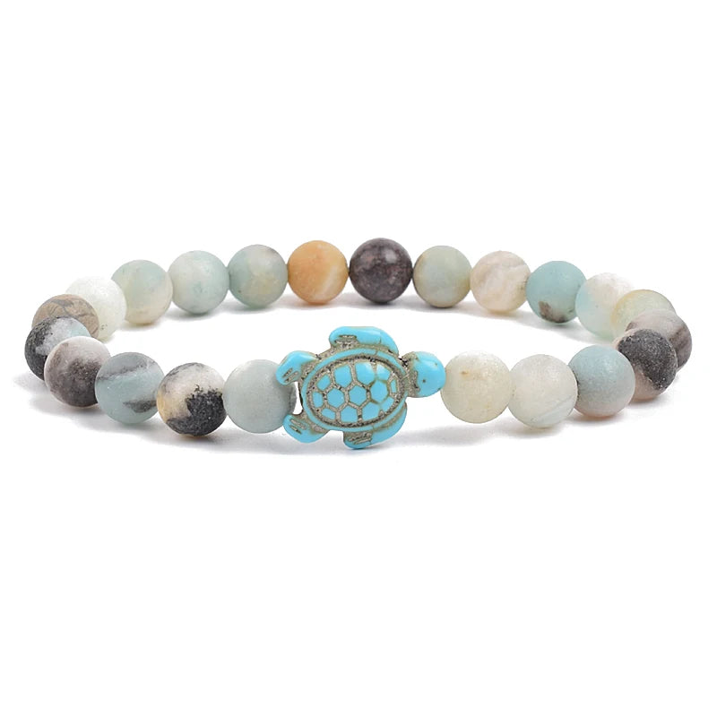 8mm Sea Turtles Beads Bracelet Turquoise Natutal Stone Elastic Stretch Bracelet Women Men Friendship Summer Beach Jewelry Gifts