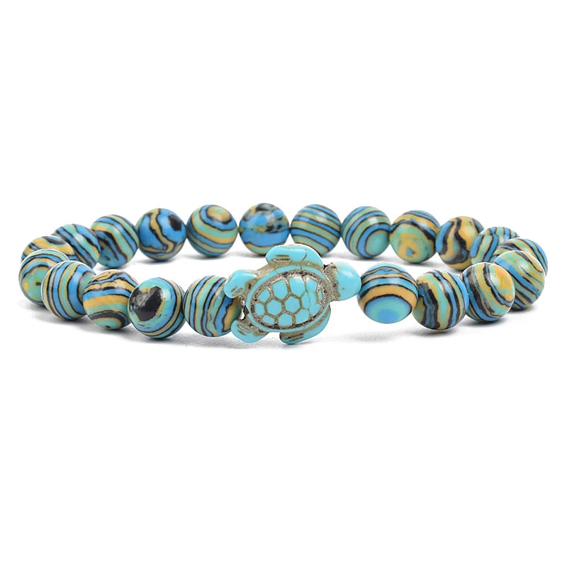 8mm Sea Turtles Beads Bracelet Turquoise Natutal Stone Elastic Stretch Bracelet Women Men Friendship Summer Beach Jewelry Gifts
